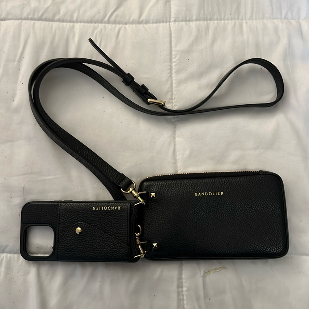 Bandolier Hailey Side Slot Leather Crossbody for 14 Pro with Expanded Zip Pouch.